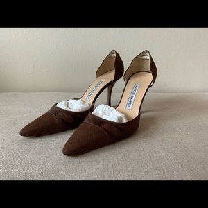 Manolo Blahnik Brown Mocha Canvas Heels 36.5 6.5 B